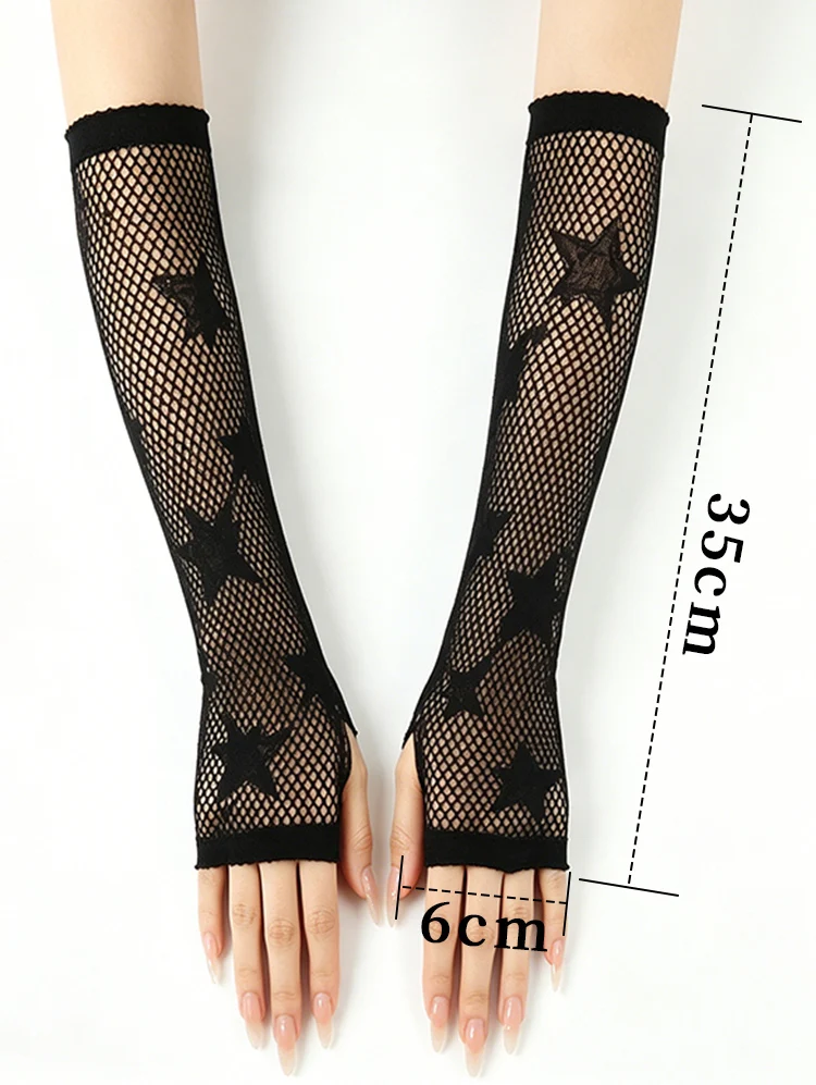 Star Fishnet Handschuhe Dunkle Zerrissene Netzärmel Punk Goth Mesh Lange Armstulpen Halbfinger-Accessoires – Detail 5