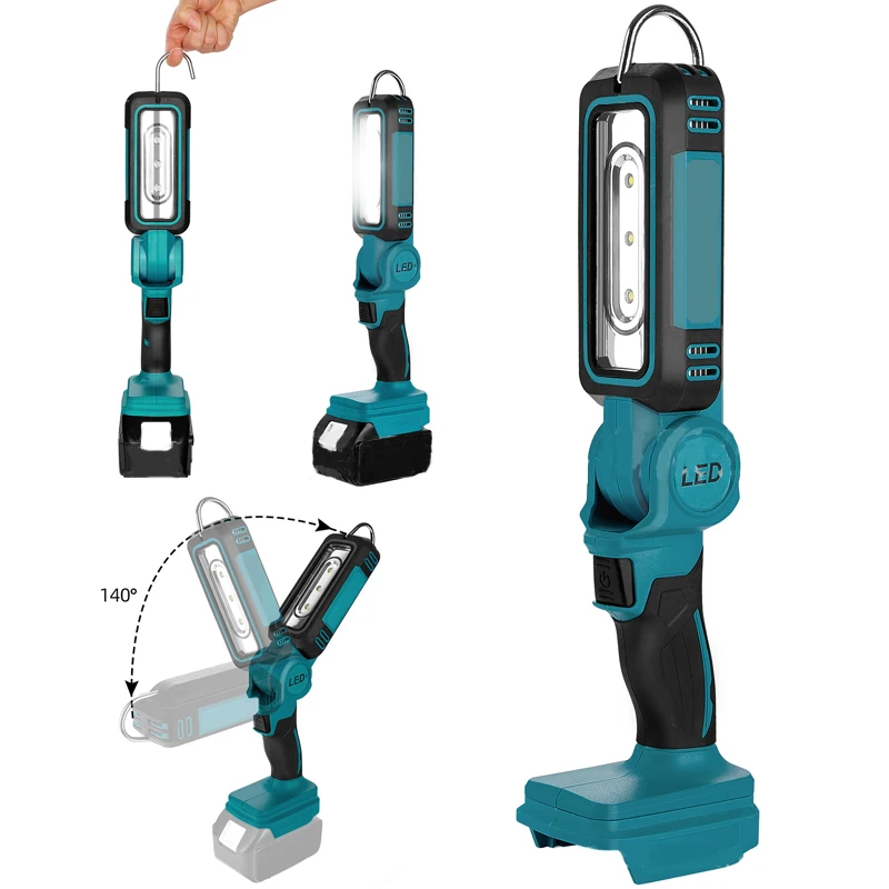 Lampa składana 1200 lm do akumulatorów Makita 18V Li-ion, bezprzewodowa lampa robocza LED z haczykiem i obrotową głowicą do warsztatu, na kemping i na zewnątrz.