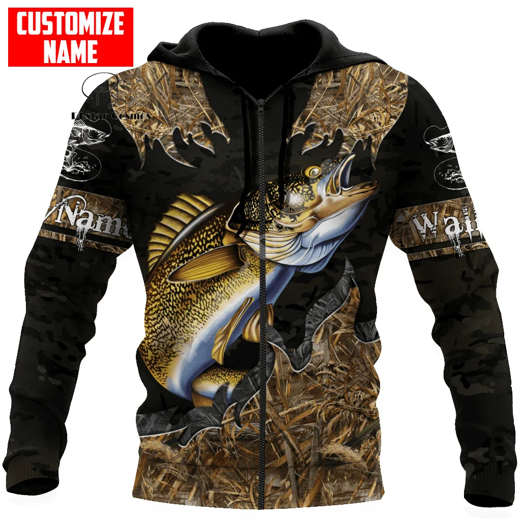 Custom Name Animal Bass Walleye Fishing Camo Fisher Tattoo Retro Vintage 3DPrint Pullover Harajuku Casual Funny Hoodies Jacket S