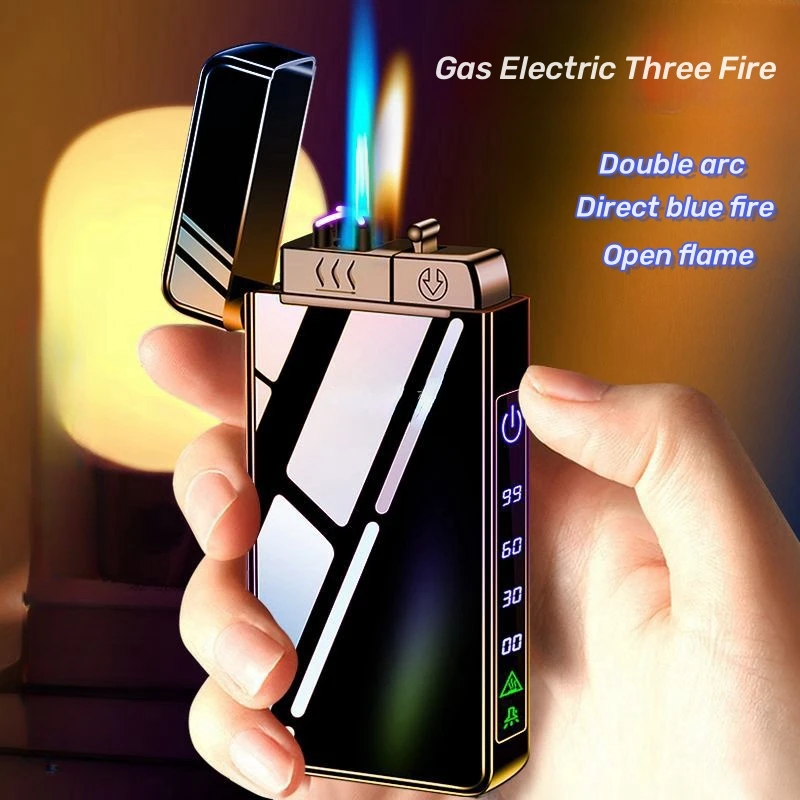 Triple Flame Electric Pulse Plasma Dual Arc Type-C Lighter Metal Outdoor Windproof Blue Red Flame Torch Jet Lighter Men\'s Gift