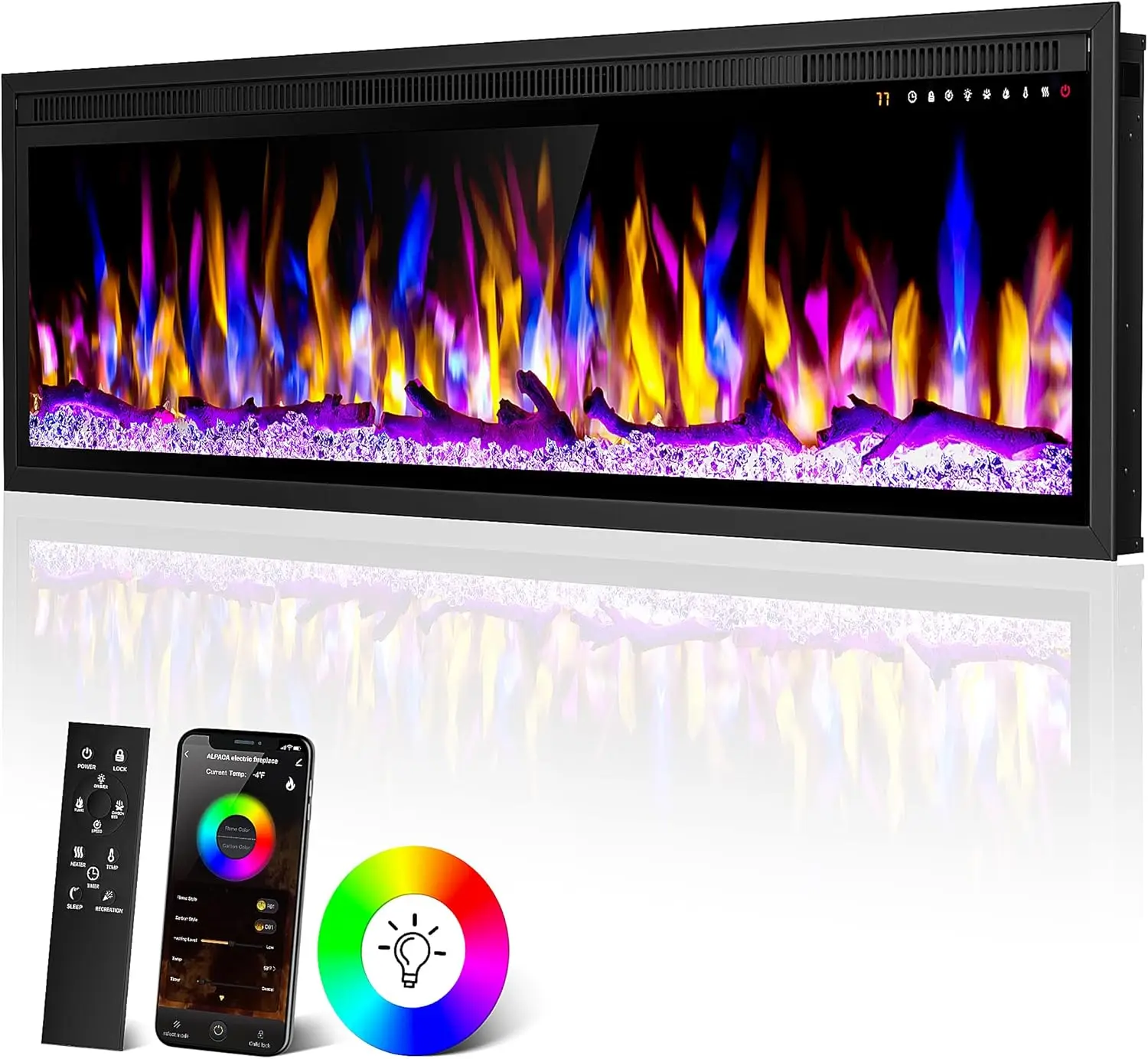 Pantalla táctil y Control remoto, 13 colores de llama ajustables y 5 brillos, 1500/750W, negro