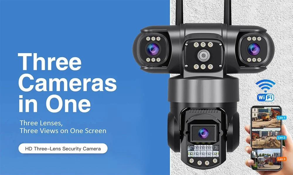 WiFi IP Camera Outdoor 12MP 6K Triple Lenses Triple Screens Security Video Monitor Night Vision Waterproof CCTV V380 Pro Cameras