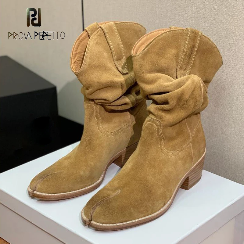 

Western Cowboy Boots Split Toe Wrinkle Half Bootie Slip on Suede Leather Chunky Heel Retro Fashion 2023 New Coming Designer Bota