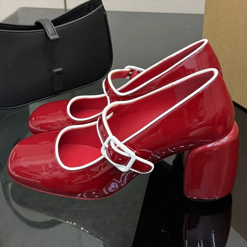 

Высококачественные туфли на толстом высоком каблуке, женские, с круглым носком, из лакированной кожи, модель Мэри Джейн 25091445