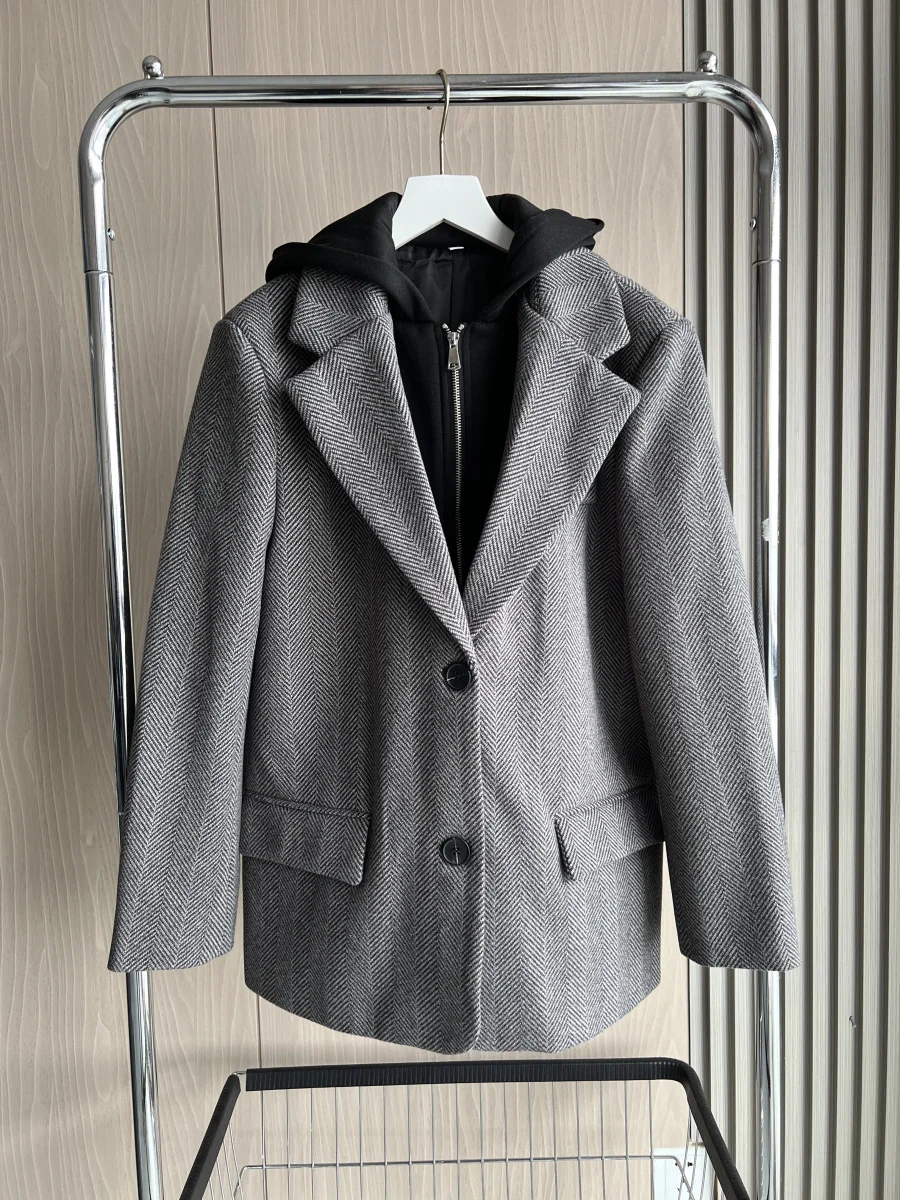 

Traf 2024 Fall/Winter New Arrivals Women's Hooded Patchwork Herringbone Long Sleeve Shoulder Padded Suit Coat 4387368