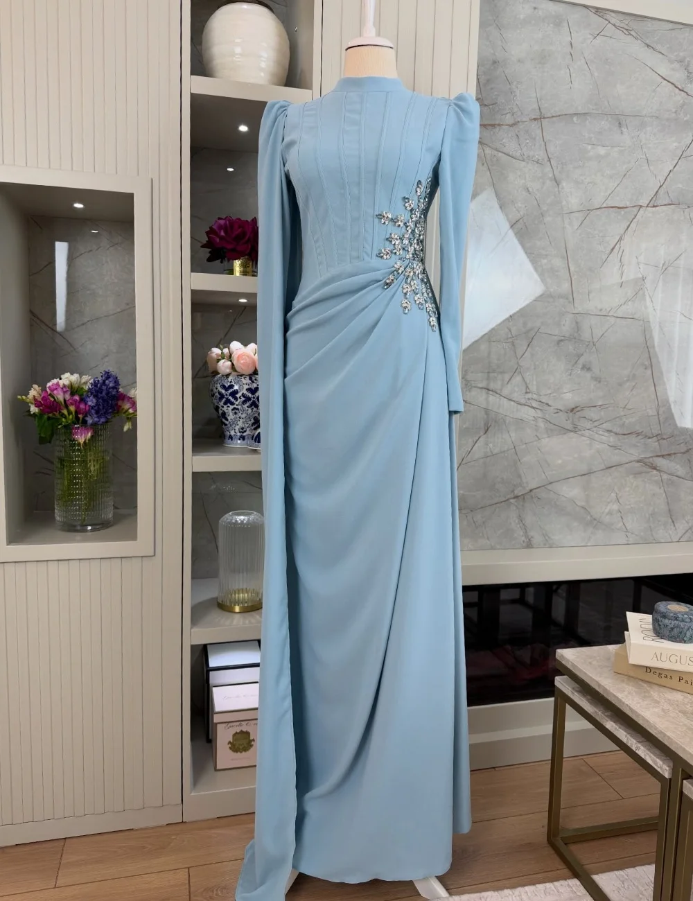 

Customized Exquisite Casual Jersey Rhinestone Pleat Draped Straight High Collar Long Dresses Evening Dresses For Birthday Party