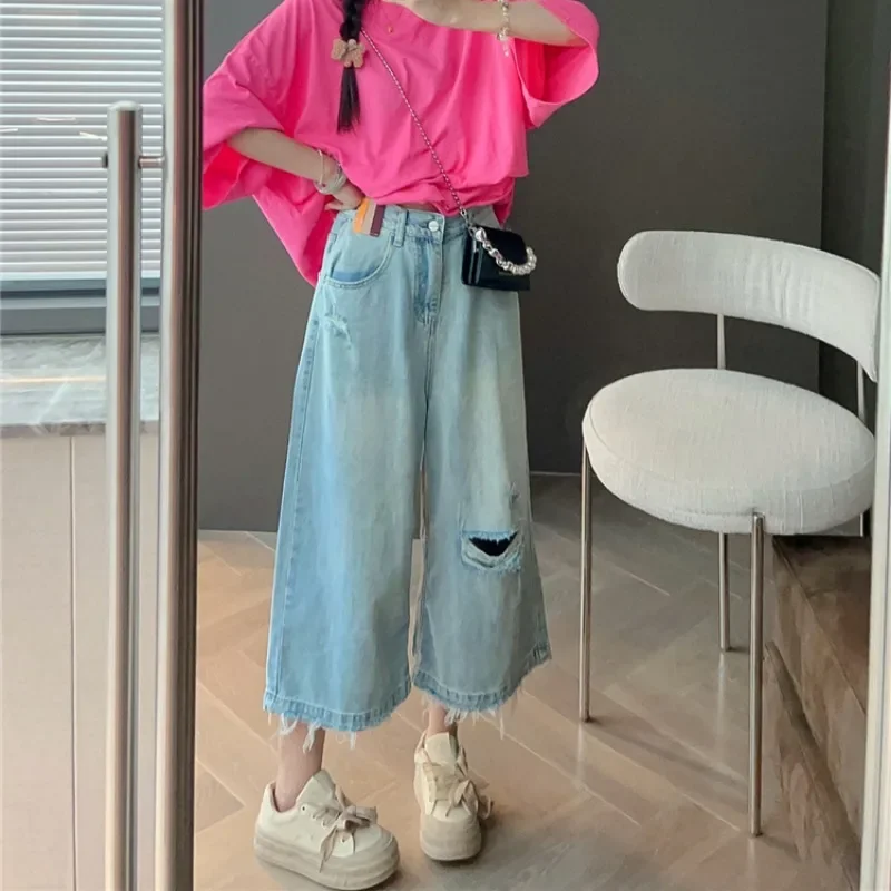 Ripped Jeans Women Blue Straight Tassel Calf Length Trousers Summer New Loose Design Korean Trendy Casual Cozy Oversized 3XL