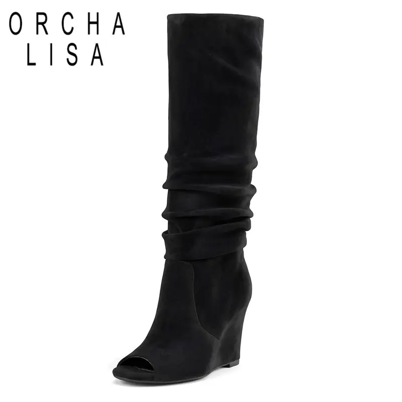 ORCHA LISA Apricot Women Knee High Boots Peep Toe 9cm Wedges Heel Pleated Slip On Plus Size 44 45 46 Fashion Dating Botas Shoes