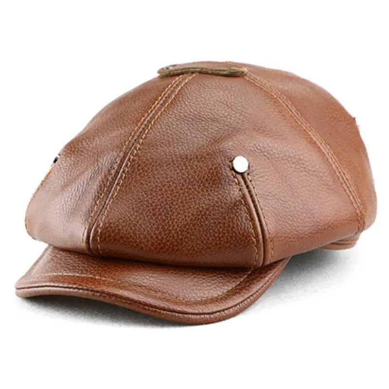 

New Natural Genuine Leather Cap Personality Retro Vintage Cowhide Berets For Men Autumn Winter Warm Handmade Making Leather Hats