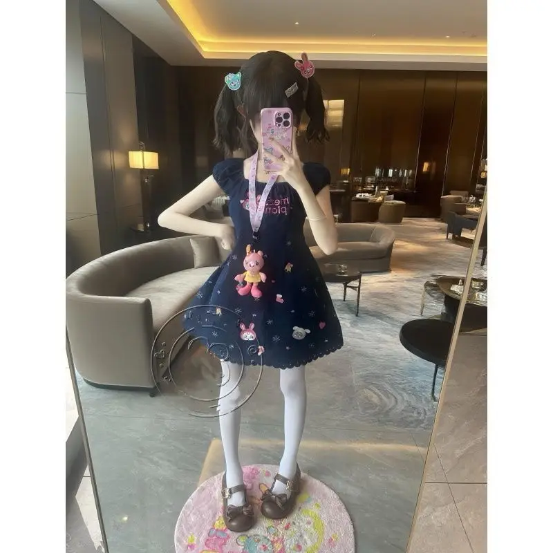 Japanese Preppy Style Lace Edge Mini Dress Summer Cartoon Mp Slim Waist Square Neck Short Sleeve Sweet Girl Dresses Y2k Dress