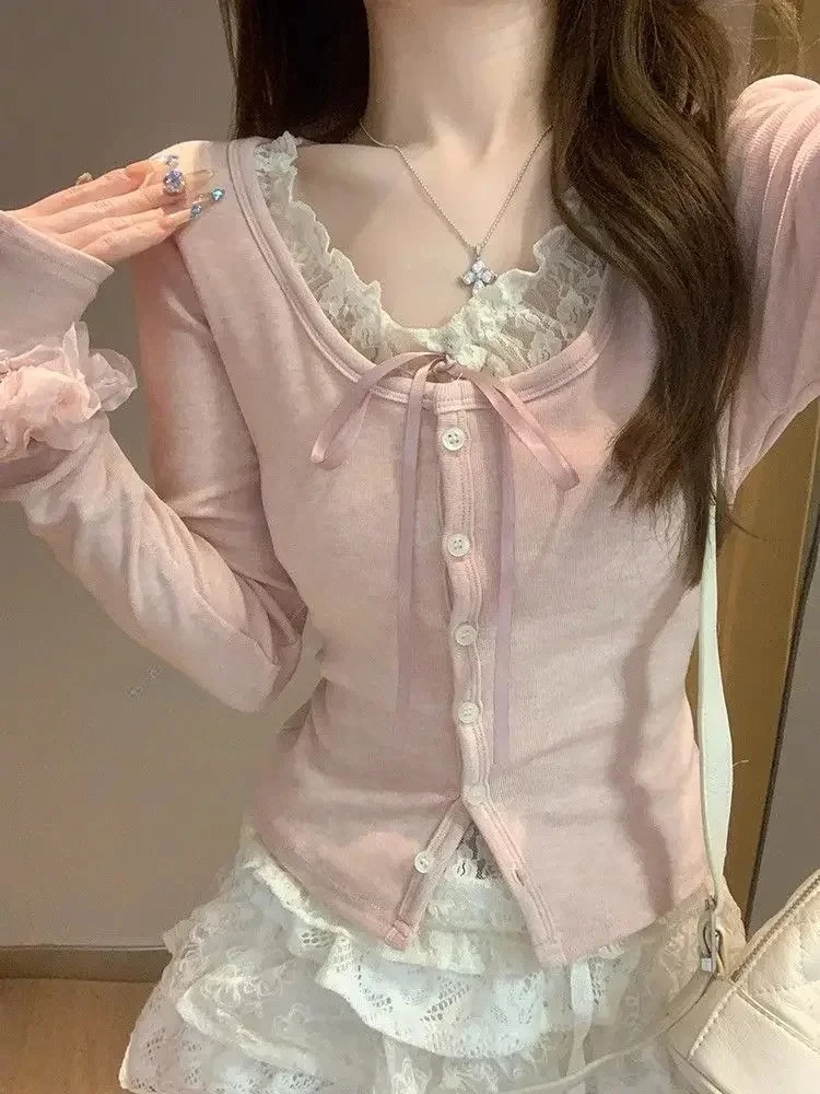 Korean Style Lace Trim Layered Tee Long Sleeve Women' Pastel  Blouse Soft Romantic Y2K Top Spring Summer Layering Piece