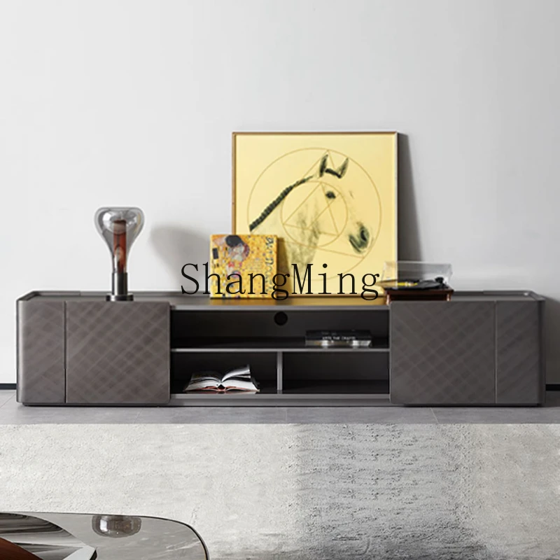 

SM minimalist floor TV cabinet legless light luxury titanium steel gray brushed metallic paint
