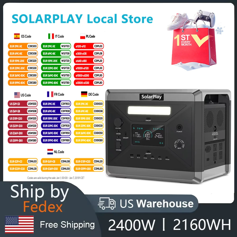 SOLARPLAY Portable Power Station 2400W 2160WH LiFePO4 Emergency Backup High-power Power Supply For Outdoor Camping RV Outage