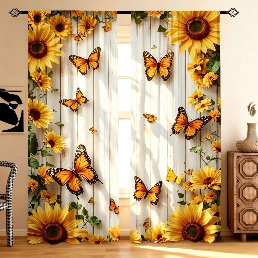 2PCS Digital Print  Curtain, Wood Grain Sunflower, Bohemian Style  Curtain Panel for Home Living Room Bedroom Decor