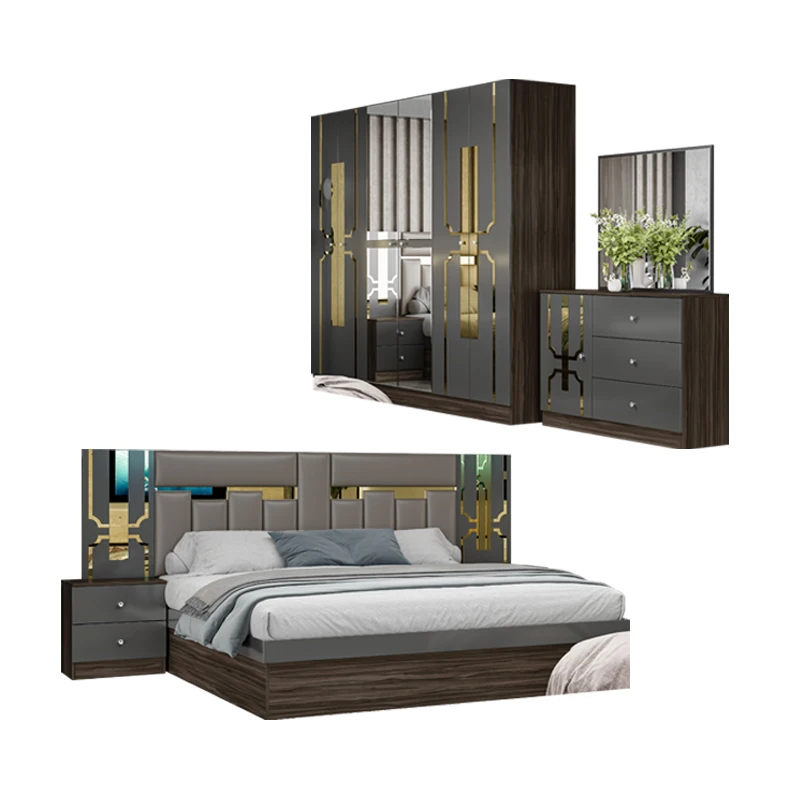 

Contemporary Wood Leather Queen Suite Double Home Wood Modern Luxury Bedroom Furniture Set