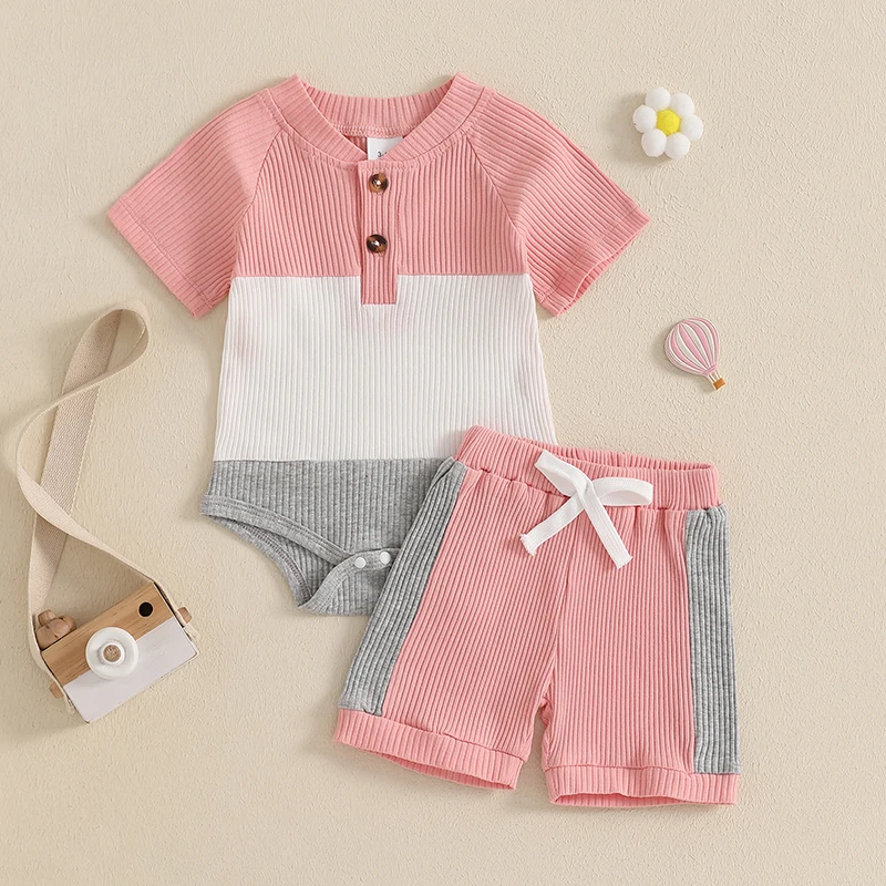 Baby Girls Shorts Set, Contrast Color Short Sleeve Romper with Elastic Waist Shorts 2-piece Outfit for Toddlers