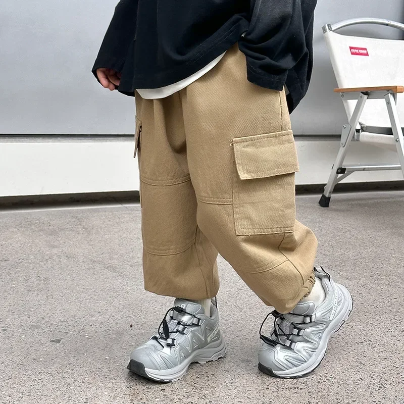 

2023 Autumn Kids cargo pants solid color loose big pockets trousers boys all-match casual pants