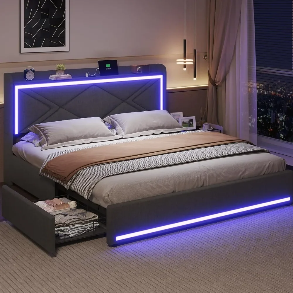 

Full Size Bed Frame with RGB LED Lights Headboard & USB-C/A Charging Station, Heavy Duty Steel Slats, Bed Frame