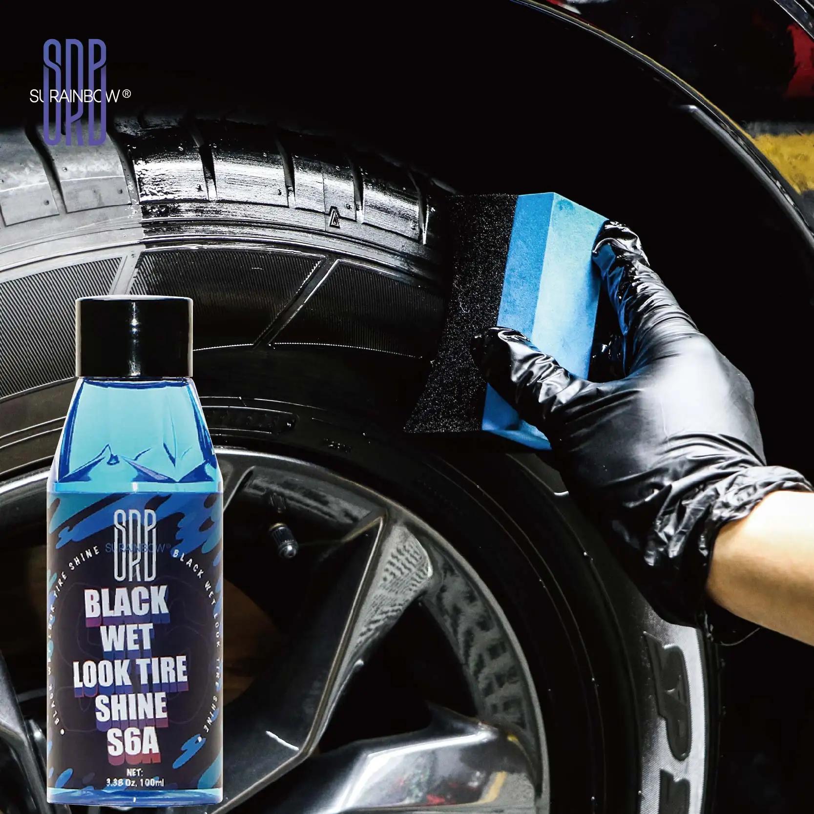 Black Wet Look Tire Shine Dressing -Automotive Clear Coat Tire Dressing Spray for Glossy Wet Tire Look, Vinyl & Plastic, with UV view 2