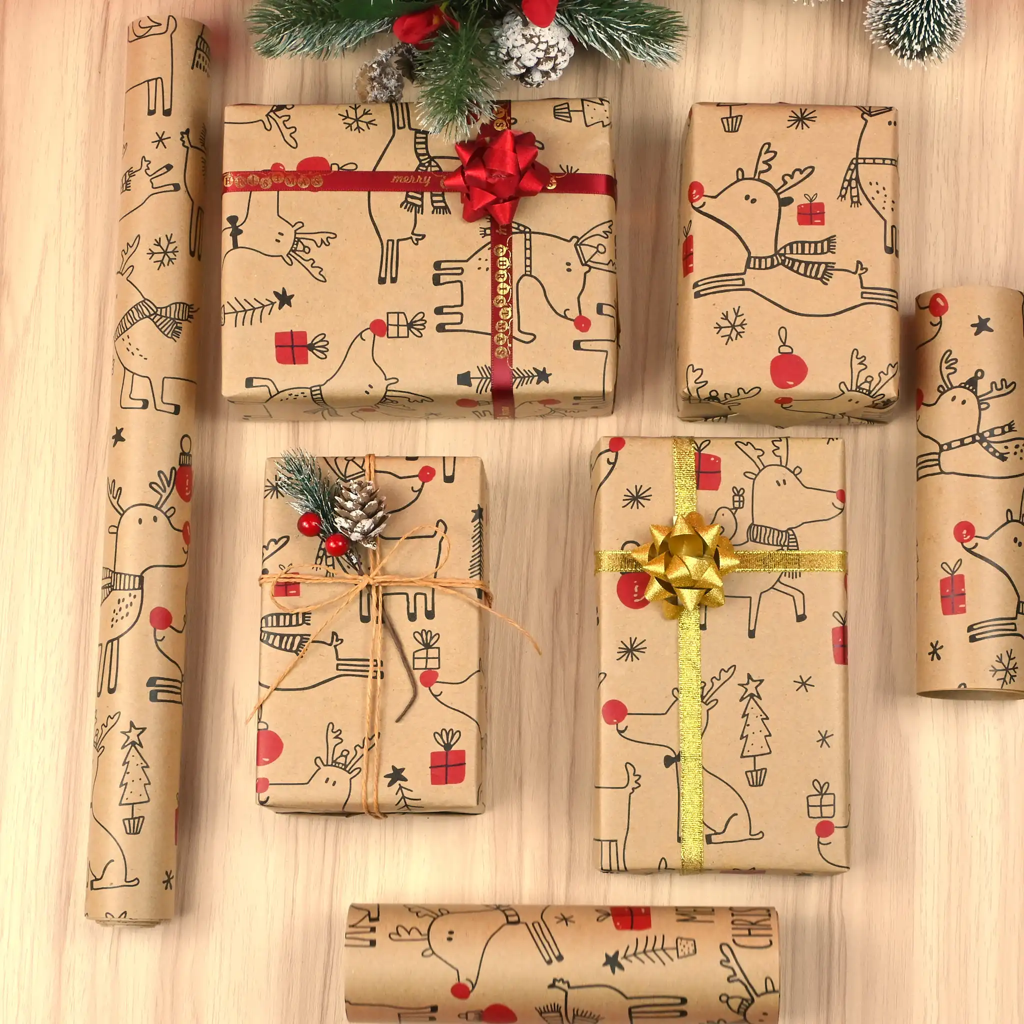 43 cm x 15 m Weihnachts-Geschenkpapier, Geschenkpapier mit Weihnachtsdekoration, Weihnachtsfeier-Kraftpapier im Cartoon-Hirsch-Design