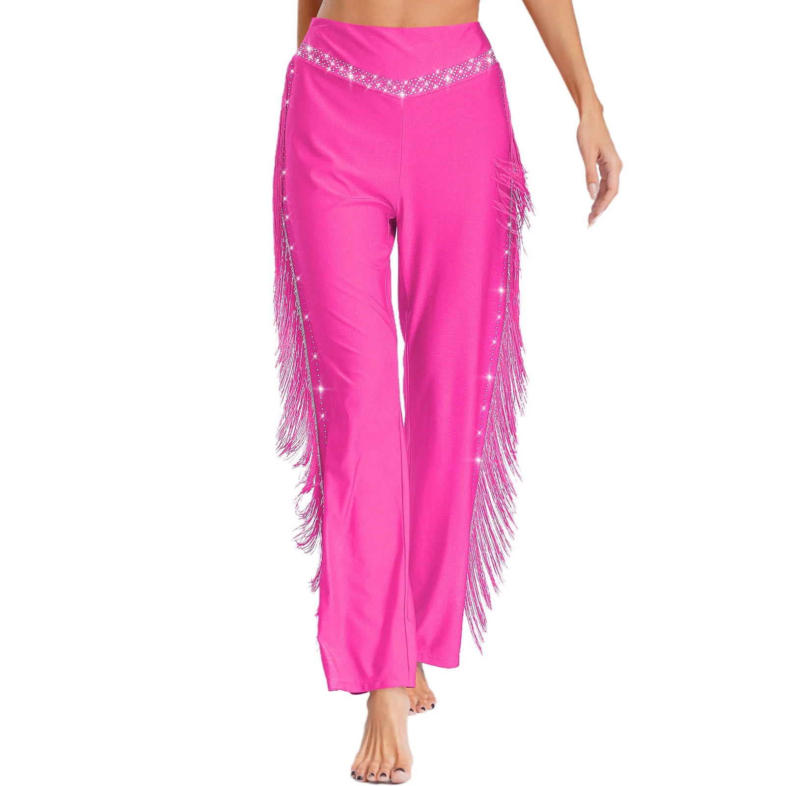

Women Jazz Latin Tango Cha-Cha Dance Pants Elastic Waistband Tassels Rhinestones Pants Dance Competition Performance Costume