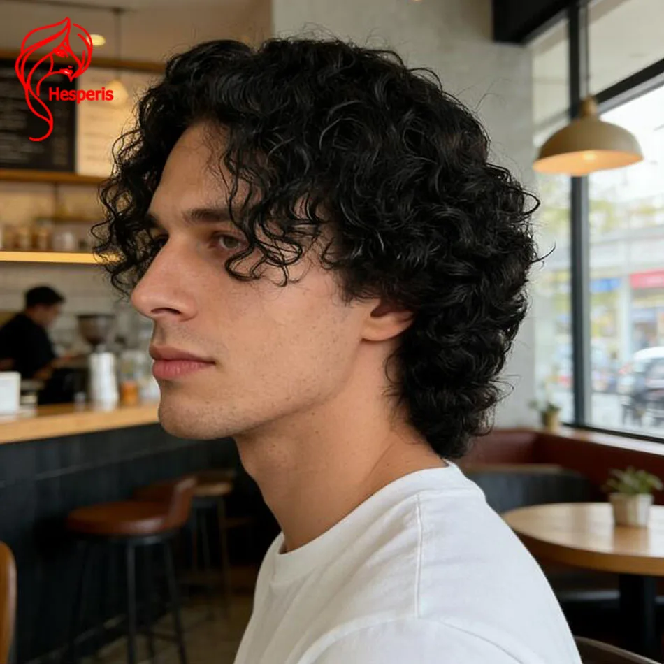 Hesperis Men's Wig Brazilian Remy Human Hair Deep Part Curly Lace Front Pixie Cut Short Wig for Men Pre Styled