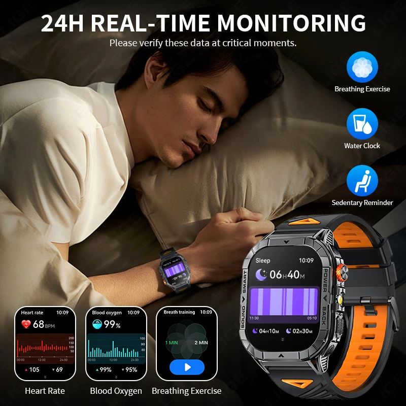 LIGE Military Smart Watch Men 2.13inch AMOLED Screen 480mAh Battery LED Flashlight Heart Rate Bluetooth Call Smartwatch Outdoor