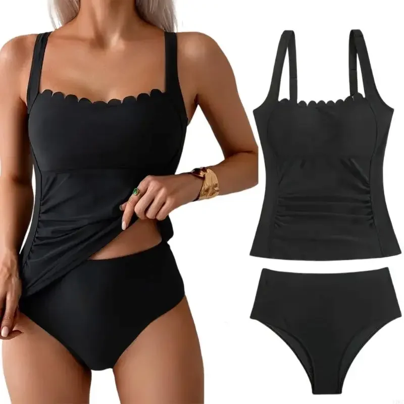 

Women Swimsuits Set 2 Piece Swimwear with Waved Edging Swim Top and High Waist Briefs Bathing Suit Set
