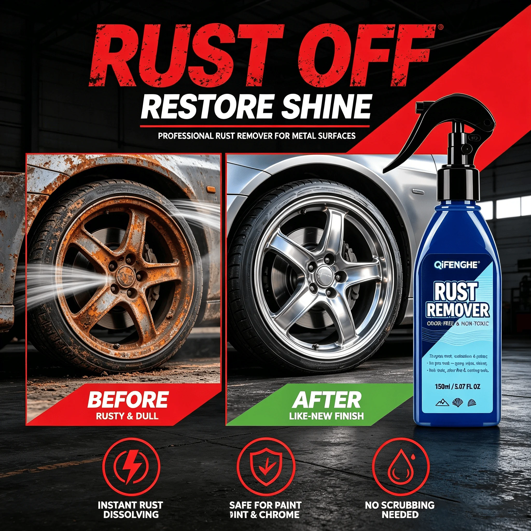 

150ml Motorcycle Exhaust Pipe Rust Remover Spray, Heavy Duty Metal Cleaner for Moto Muffler Wheel, Removes Rust & Dirt