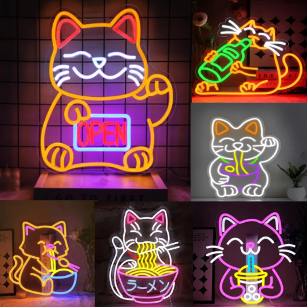 Cat Neon Sign Open USB Dimmable LED Sign  for Restaurant Ramen Shop Izakaya Sushi Bar Decor Business Openings Decor Gift