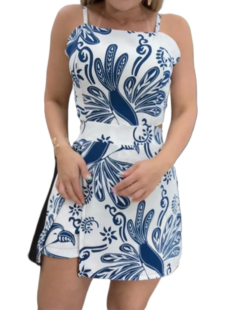 

Casual Boho Printed Jumpsuits For Women Fashion High Waist Backless Suspender Lace Up Splicing Split Jumpsuit Spring New Style
