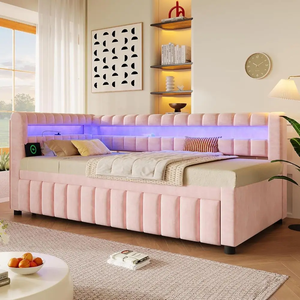 SOTSEA Twin XL Daybed with Trundle, Upholstered Bed with LED Lights and USB Ports, Twin XL to King Daybed e or Kids Teens, Wood view 5