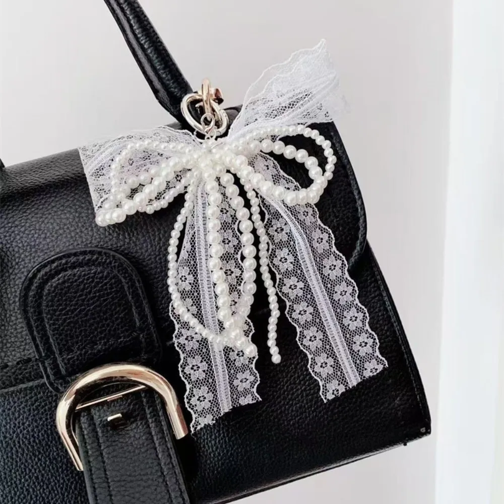 Korean Lace Keychain Bow Y2K Bag Pendant Aesthetic White Pearl Beaded Pendant Gift