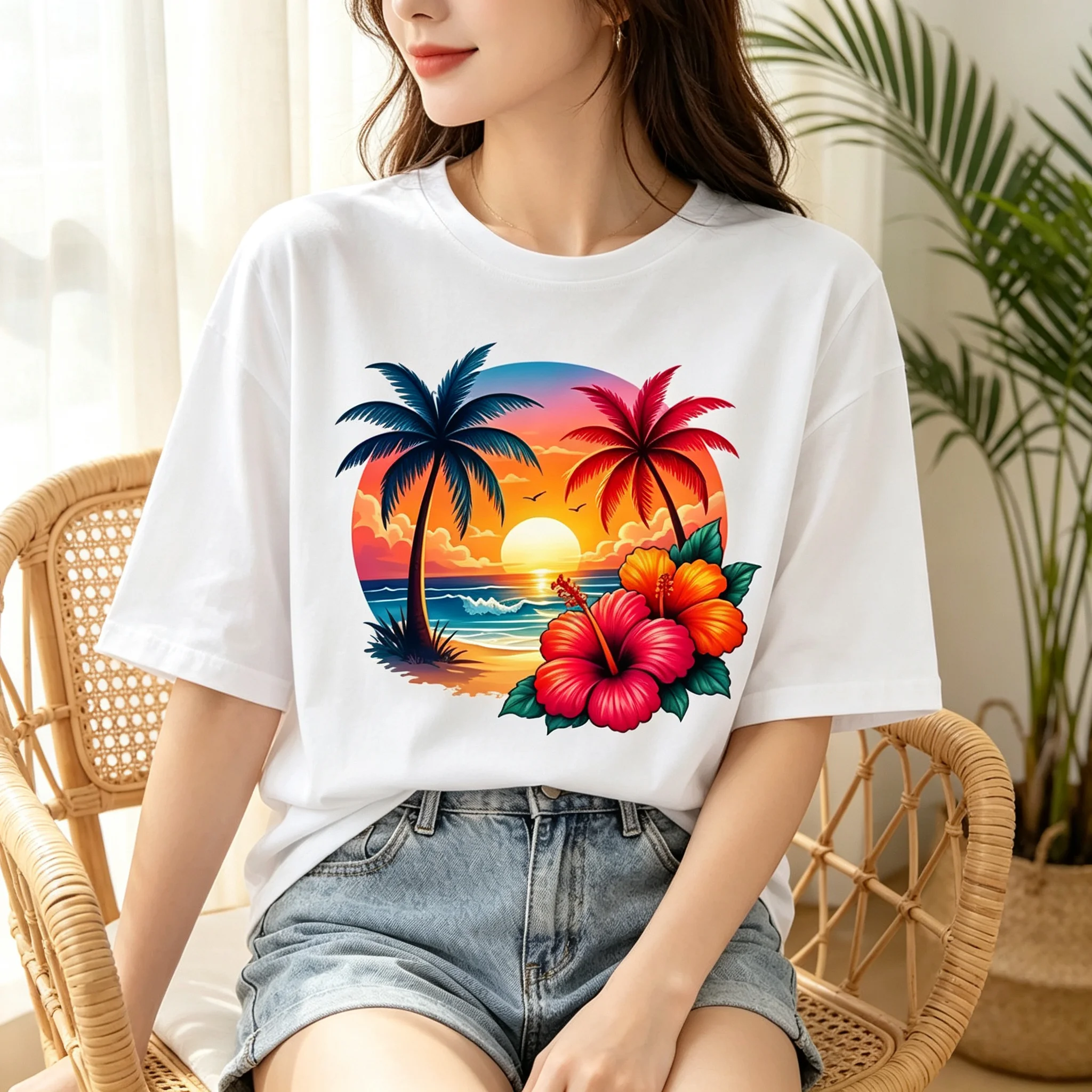 Women Tropical Sunset Beach Graphic Tee Palm Tree Hibiscus Flower Ocean Print Summer Vacation Crew Neck Short Sleeve Tops