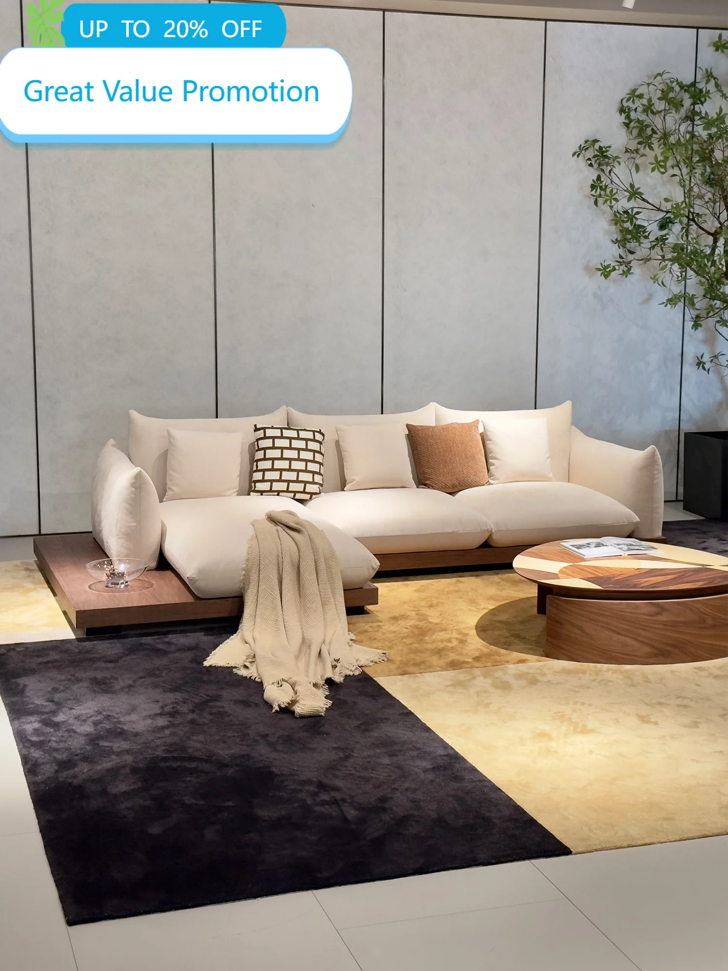 Cream Linen Fabric Sofa Wooden Platform Oversized Pillow Armrests Deep Seat 2 Seater For Living Room Villa Bedroom Home Decor