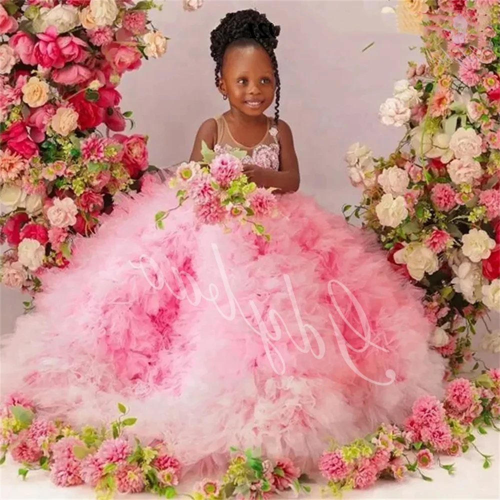 Costumes de petite fille pour la fête de mariage, robe de demoiselle d'honneur de luxe, jolie robe moelleuse rose, robe de première communion à plusieurs niveaux