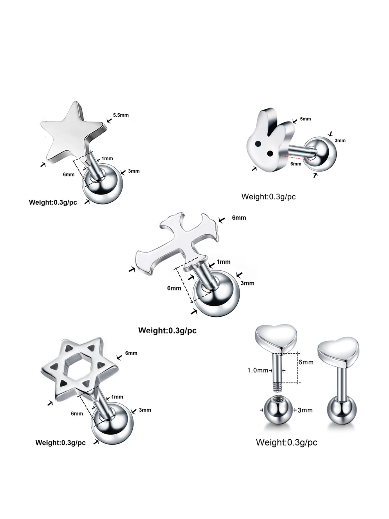 1pc Rabbit Heart Star Ear Stud for Women Girl Stianless Steel Cartilage Helix Stud Cute Charming Monroe Piercing Jewelry