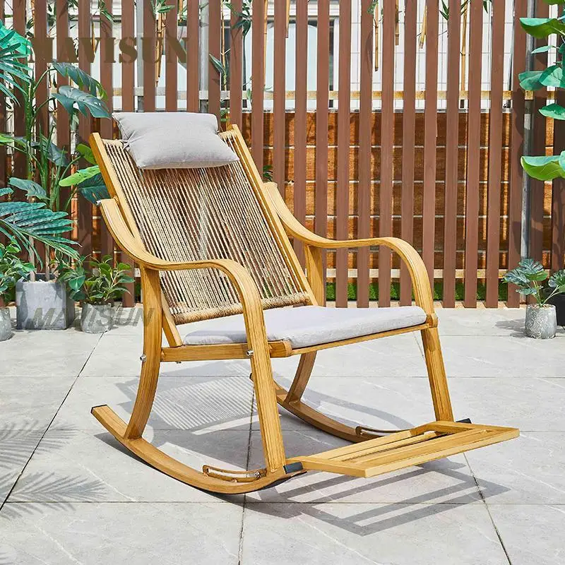 

Balcony Rocking Chair Recliner Adult Home Leisure Rattan Chair Lazy Sofa Wood Grain Color Aluminum Alloy Outdoor Waterproof