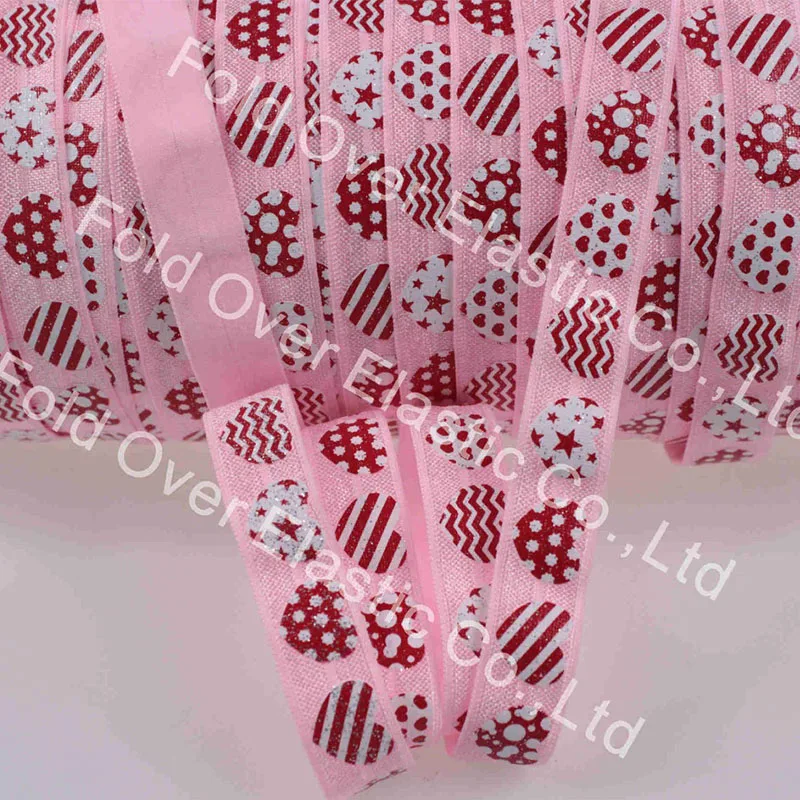 

15mm Glitter Valentine Heart Printed Pearl Pink FOE Shinny Fold Over Elastic Ribbon For Girls Headbands 100Yards