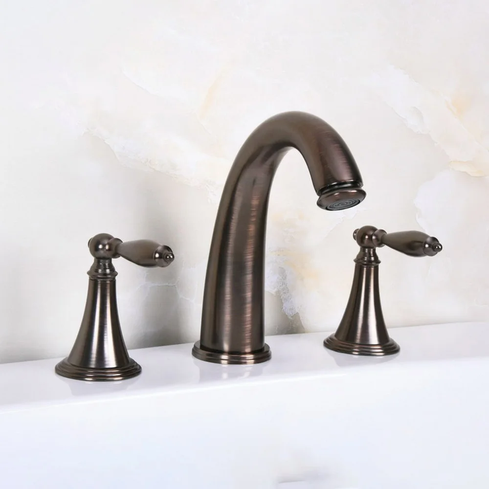 Brown Oil Rubbed Brass 3 Hole Deck-Mount Widespread Bathroom Basin Faucet Sink Cold Hot Water Tap dnf439