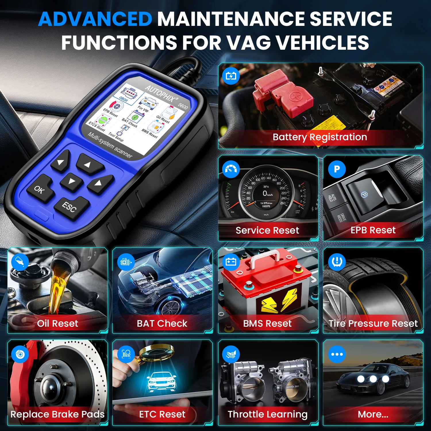 AUTOPHIX 5600 OBD2 Automotive Scanner for Audi TPMS Engine ABS EPB Battery Registration All System Car Diagnostic Tool for VW