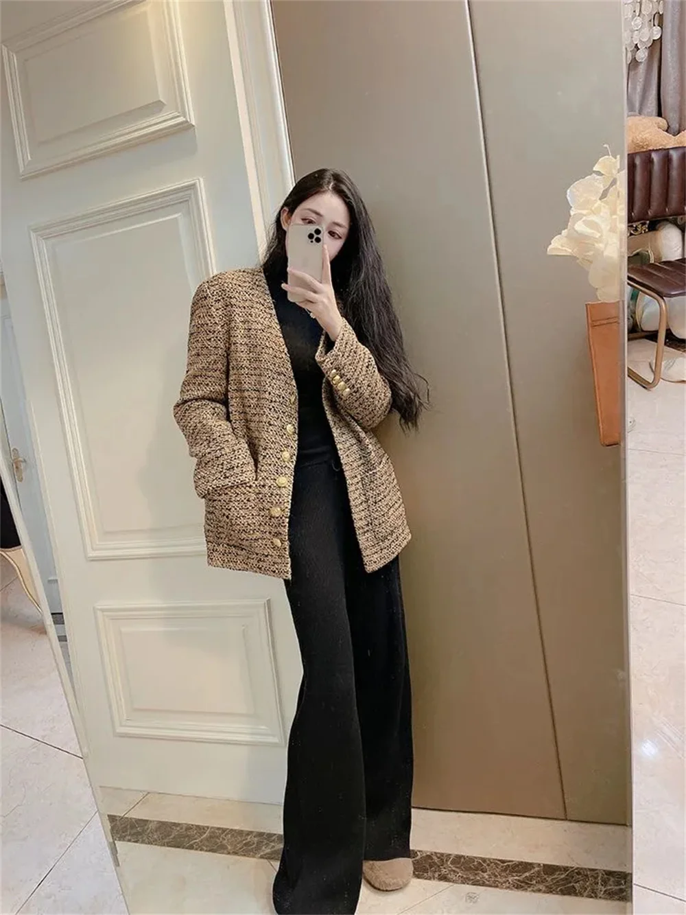 Pantaloni lavorati a maglia a righe Donna a vita alta Casul Y2k Harajuku Pantaloni dritti in maglia beige morbido Inverno coreano Y2k Abbigliamento a gamba larga