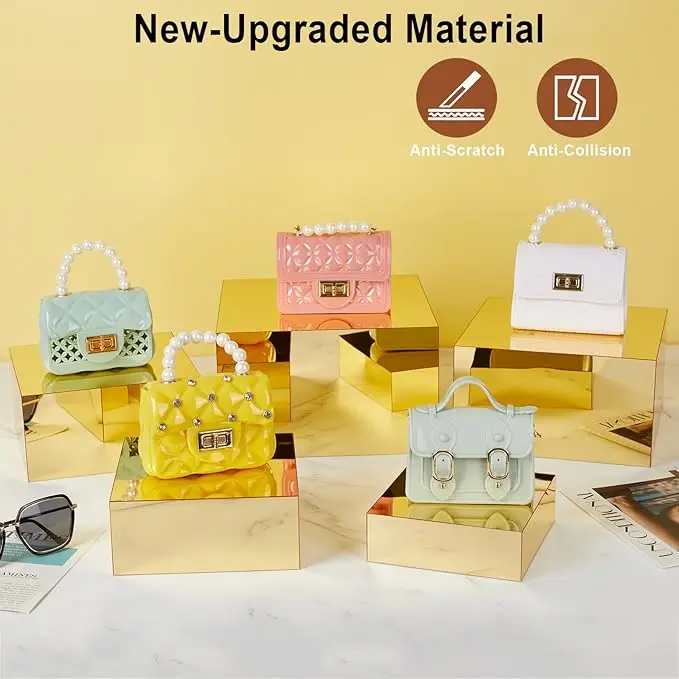 رافعات للعرض 5 قطع، رافعات طعام للحفلات، صناديق مكعبات ذهبية، حامل عرض لحقيبة المجوهرات ومستحضرات التجميل ومضبان تقديم الطعام #4