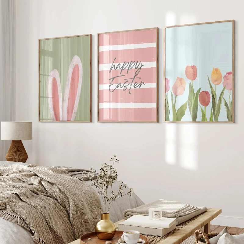 3pcs frameless Canvas Painting Easter Ribbit Wall Art | Easter Decorations | Happy Easter Sign | Easter Egg Art | Spring Wall Ar