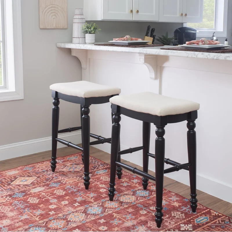 30 inch Backless Bar Stool Saddle Seat Rubberwood Kitchen Dining Room Sturdy Foot Rails Plush Padded Fabric Easy Assembly