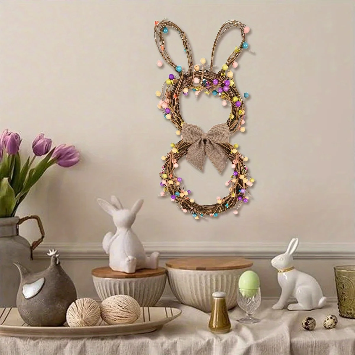 Corona de primavera de conejito de Pascua de 15,7 pulgadas con bayas pastel, ramitas y lazo mixtos, guirnalda de conejo hecha a mano para puerta delantera