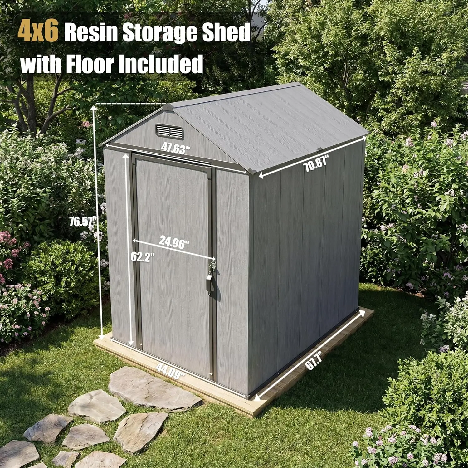 #4x6FT Resin Outdoor Storage Shed Floor Weather Resistant Lockable Door Ventilation Garden Tools Lawn Equipment, Customized