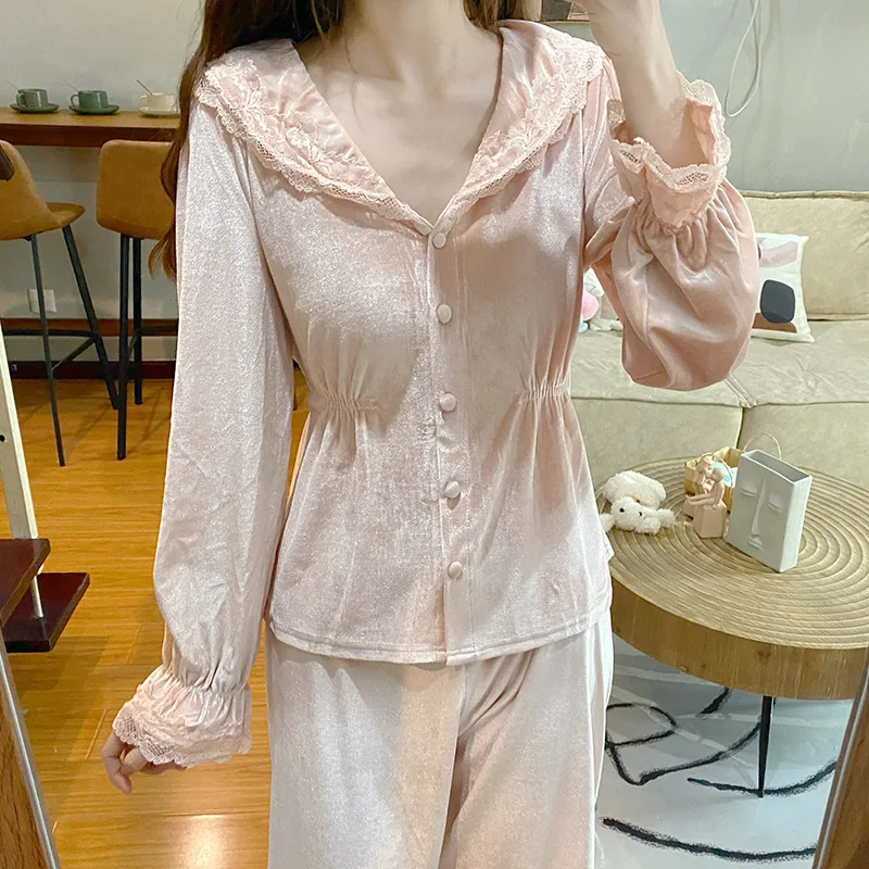 

Velour Warm Pajamas Sexy V-Neck Lace Sleepwear Women Soft Loungewear Long Sleeve 2Pcs Pyjamas Pour Femme Nightgown Slim Homewear