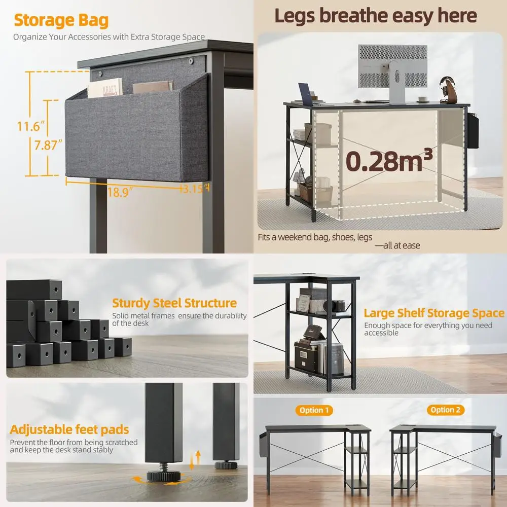 

40 Inch L-Shaped Gaming Desk with Power Outlets, Storage Shelves, and Bookshelf for Home Office or Study