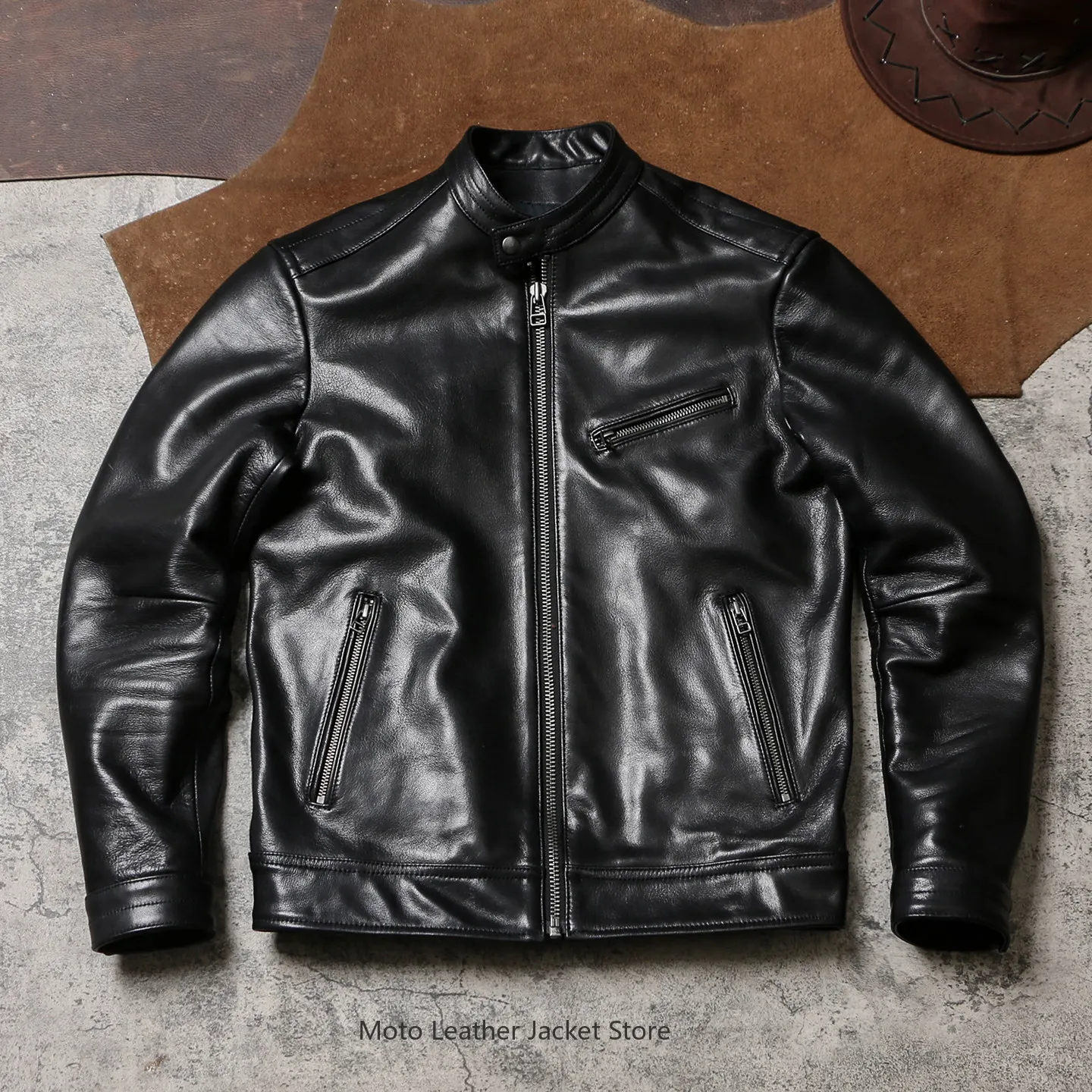 

1930s Thor Stand Collar Slim Biker Jacket, Men Vintage Waxed Goatskin Outerwear, Premium Genuine Leather Motorcycle Riding Coat